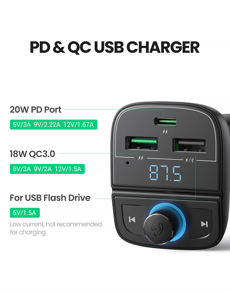 Ugreen Bluetooth 5.0 Adapter og Hurtiglader for Bil PD 31.5W