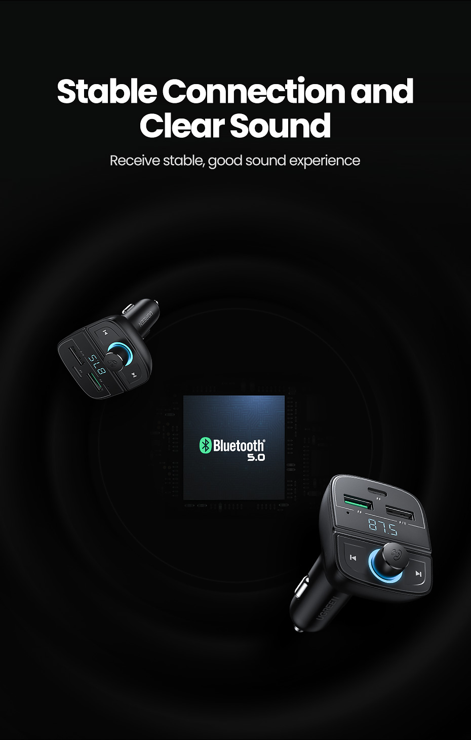Ugreen Bluetooth 5.0 Adapter og Hurtiglader for Bil PD 31.5W