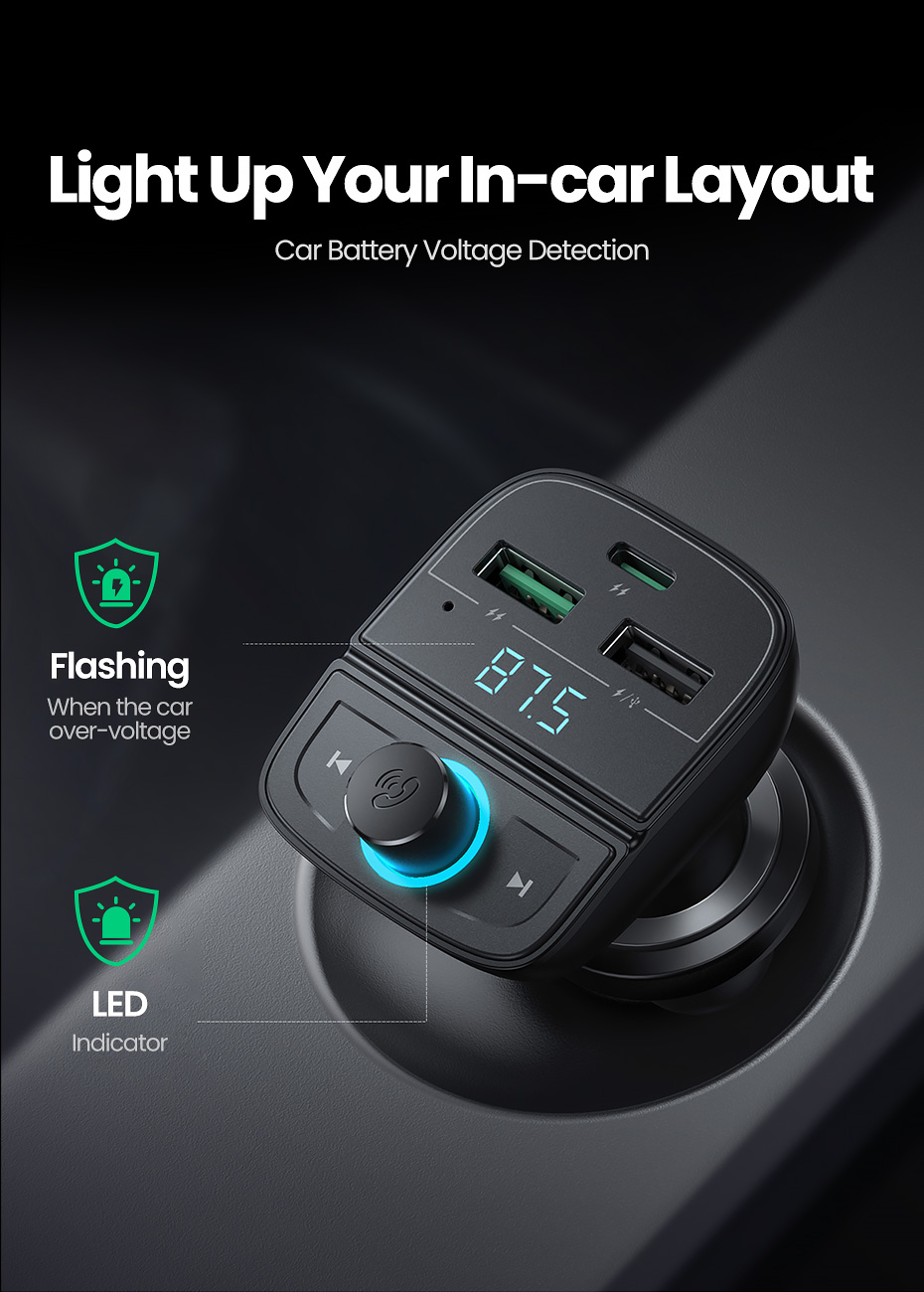 Ugreen Bluetooth 5.0 Adapter og Hurtiglader for Bil PD 31.5W