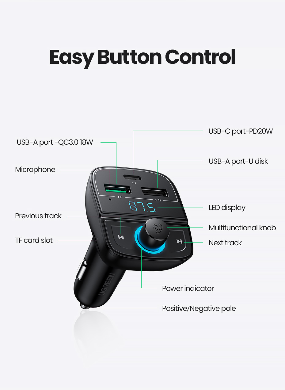Ugreen Bluetooth 5.0 Adapter og Hurtiglader for Bil PD 31.5W