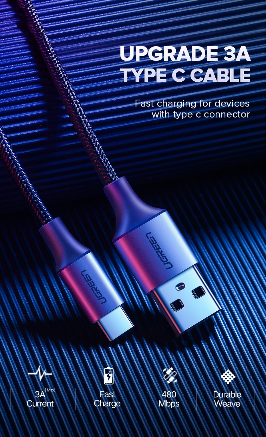 Ugreen USB-A 2.0 til USB-C Kabel Flettet 3A 2m Ugreen USB-A 2.0 til USB-C Kabel Flettet 3A 2m