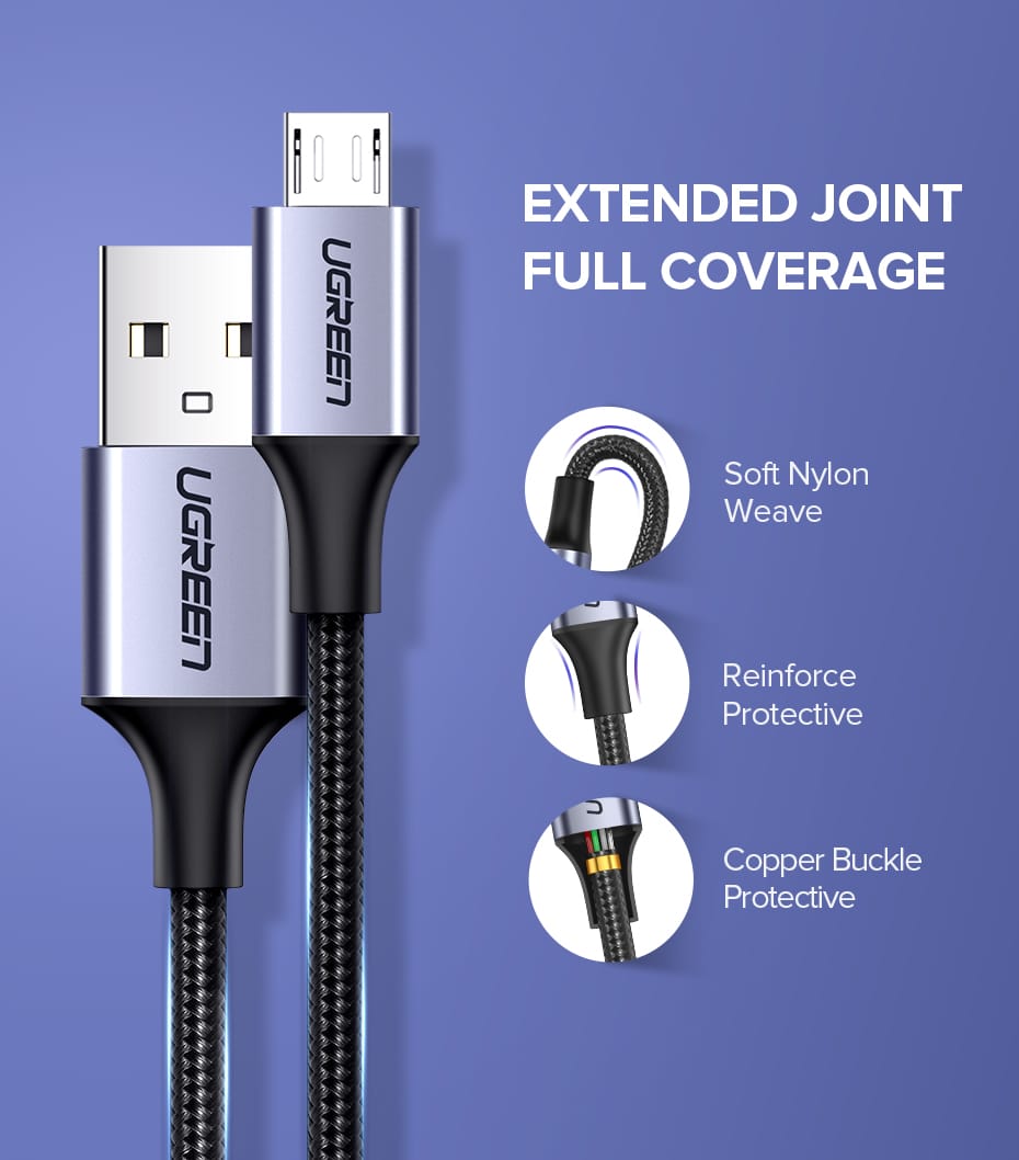 Ugreen USB-A 2.0 til Micro-USB Kabel Flettet 2A 2m Ugreen USB-A 2.0 til Micro-USB Kabel Flettet 2A 2m