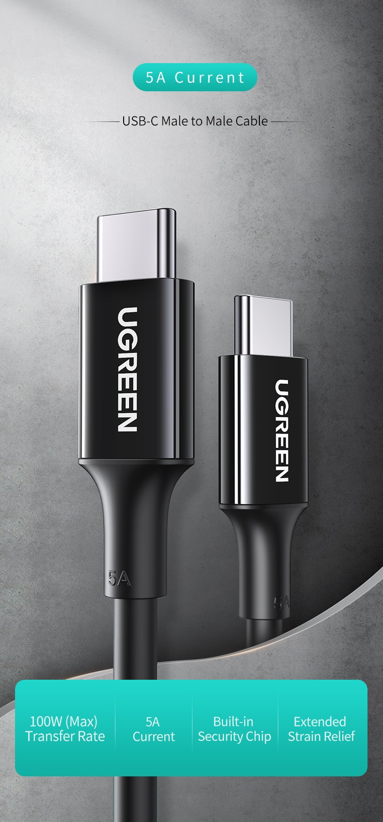 Ugreen USB-C 2.0 Kabel 5A 100W 2m Ugreen USB-C 2.0 Kabel 5A 100W 2m