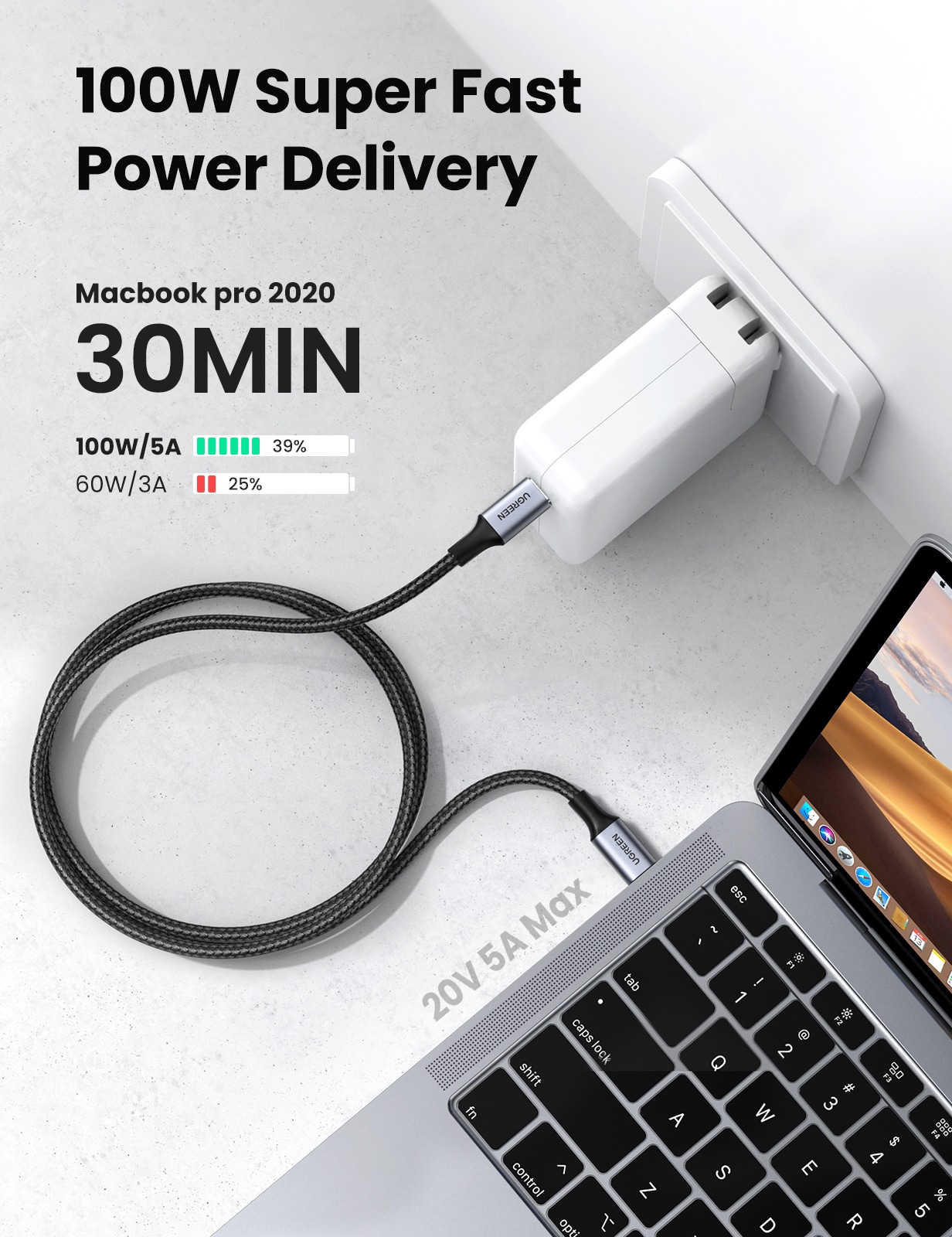 Ugreen USB-C 2.0 Kabel Flettet 5A 100W 2m