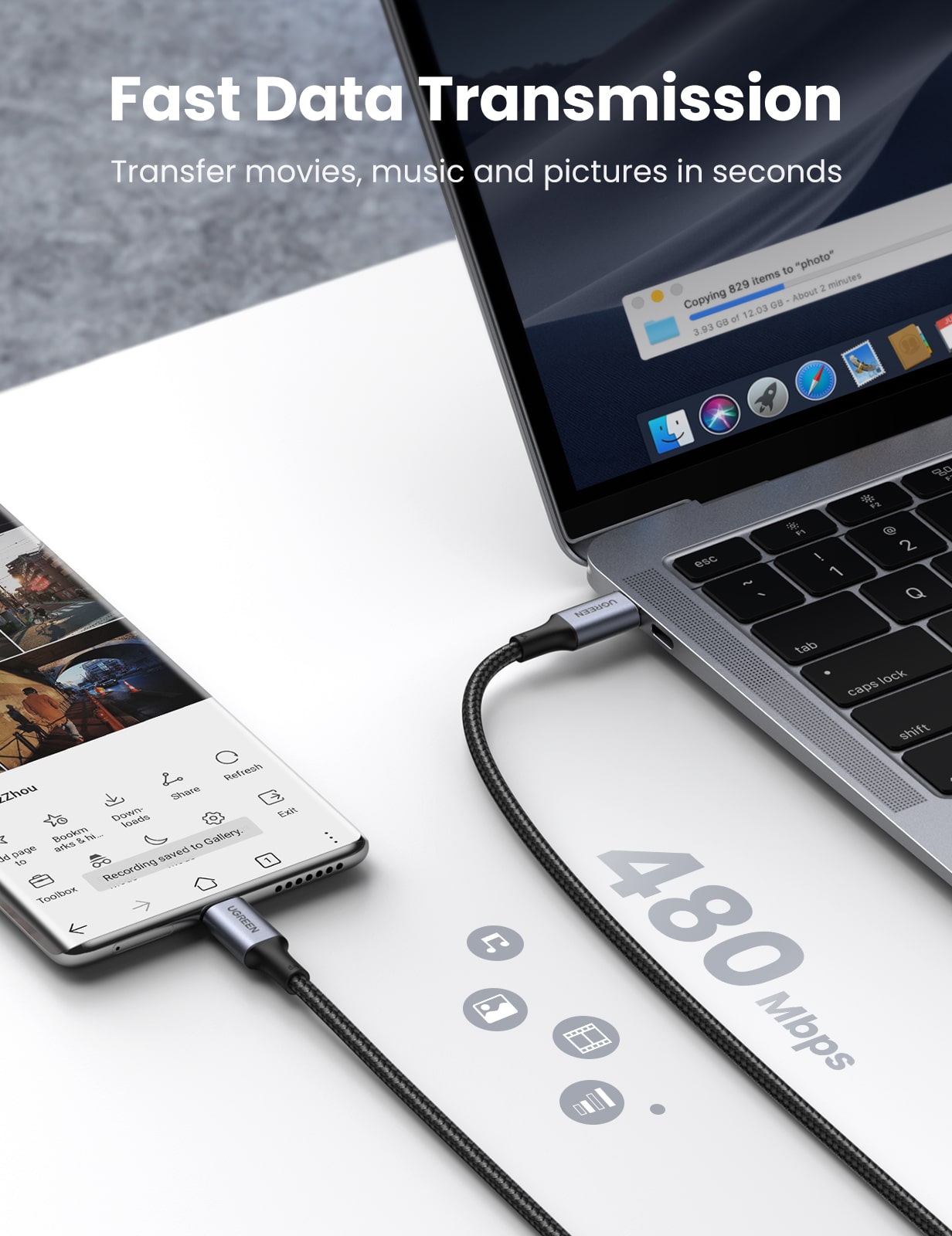 Ugreen USB-C 2.0 Kabel Flettet 5A 100W 2m